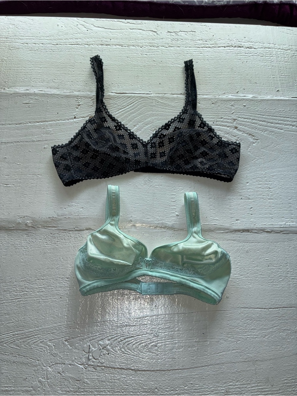 Vintage Bras - Black Lace Bralette & Mint Satin Bralette